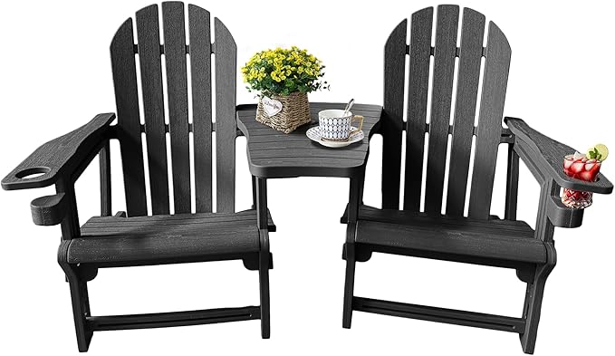 All Weather Plastic Adirondack Chairs, Fire Pit Chairs with Cup Holder, HDPE Outdoor Lawn Chair for Garden, Patio,Porch,Backyard, Black Double Chair