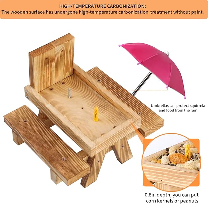 Gnodary Squirrel Feeder with Umbrella, Squirrel Feeders for Outside, Squirrel Picnic Table Feeder - Chipmunk Feeder Hold Corn, Corn Cob, Peanuts (Dark-Pink)