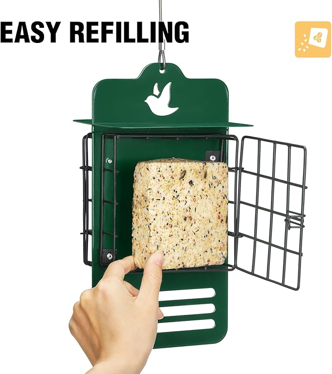 Veehoo Suet Bird Feeders for Outside Hanging, Woodpecker Feeder Double Suet Double Suet Feeder with Tail Prop & Weatherproof Roof, Wild Bird Feeder Suet Holder Suet Cakes Cage for Outside, Green