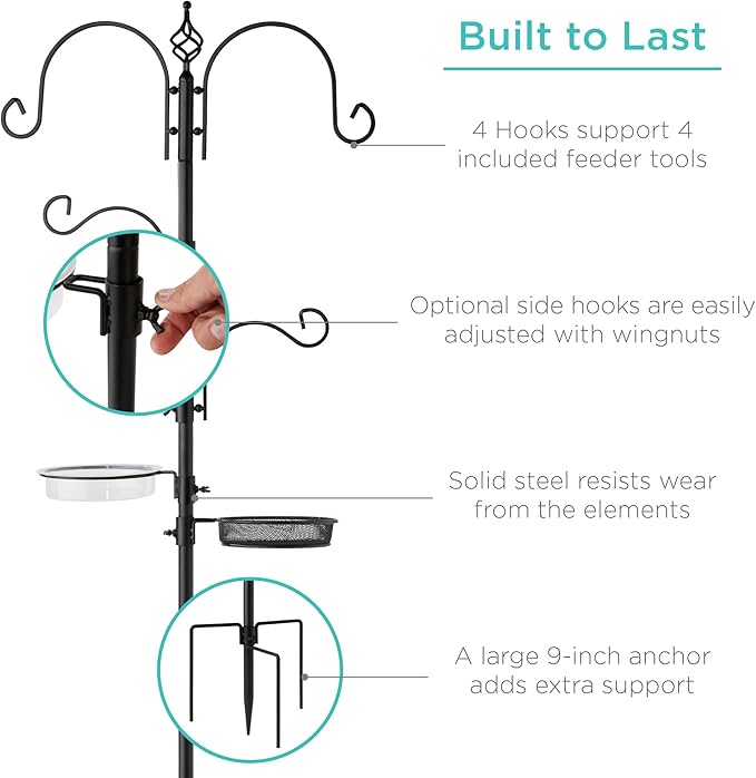 Best Choice Products 91in 4-Hook Bird Feeding Station, Steel Multi-Feeder Kit Stand for Attracting Wild Birds w/ 2 Bird Feeders, Mesh Tray, Bird Bath, 4-Prong Base - Black