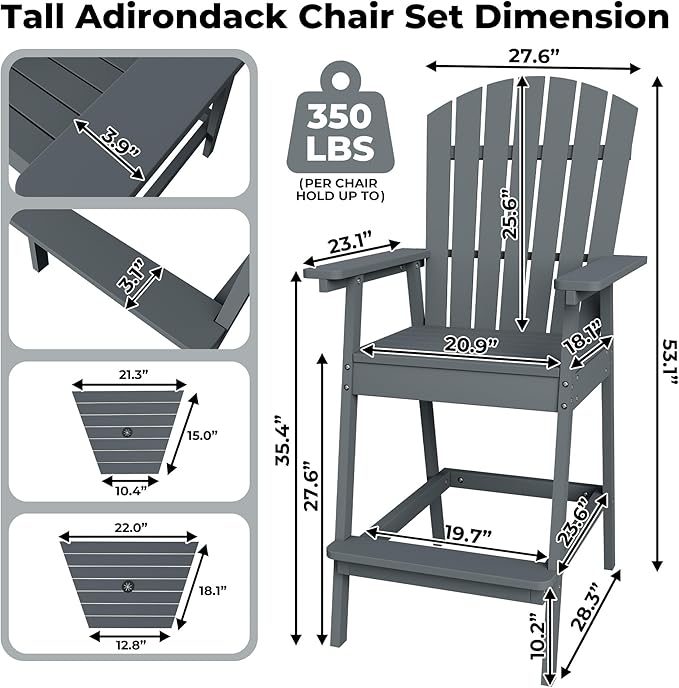 GarveeLife Outdoor Bar Height Adirondack Chairs with Connecting Tray, Balcony Chairs Adirondack for Deck, Backyard, Outdoor Tall Adirondack Chairs, Patio High Set of 4, Dark Grey