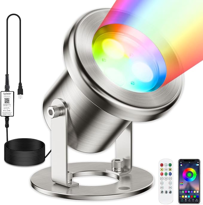 LyLmLe LED Pond Lights with APP Control, 6W SS316 Stainless Steel RGB Underwater Fountain Light with 12V Transformer, IP68 Waterproof Outdoor Underwater Lights for Pond Waterfall, Black Wire