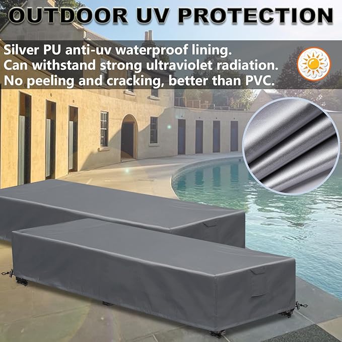 Waterproof Patio Lounge Chair Cover 2 Pack Outdoor Chaise Lounge Covers 600D Weather Resistant Material, UV Protection, Windproof Design Outside Furniture Covers 80" x 28" x 14" H,Grey