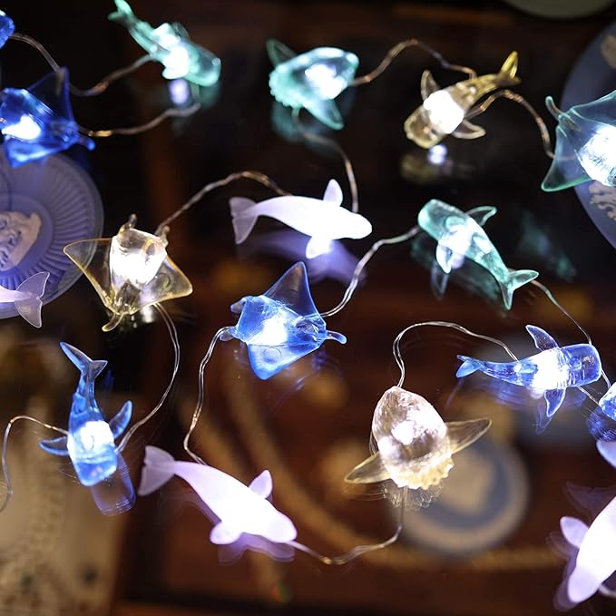Nautical Solar Lights for Outside Sea Fish Outdoor Garden Decor Marine Fairy Garden Light Waterproof Whale Shark Mola Manta Ocean Solar Outdoor Decorative String Lights 14ft 40LED Patio Yard Decor