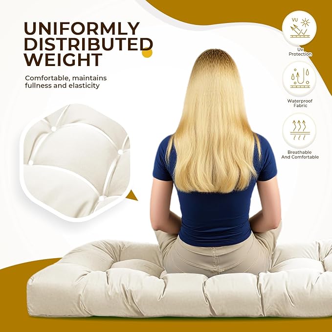 Outdoor Chaise Lounge Chair Cushion Waterproof 74.4 x 22 x 4.7 Inches Lounge Chair Cushions Replacement for Outdoor Furniture with Ties and Pocket, Thickened Pool Lounge Chair Cushions, Cream