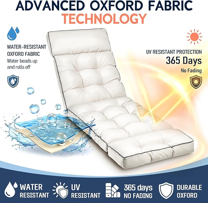MAGIC ELEPHANT Chaise Lounge Cushion Outdoor, Memory Foam Patio Lounge Chair Cushion with Ties for Indoor Outdoor Furniture, Water-Repellent Replacement Long Chair Cushion (Antique White)