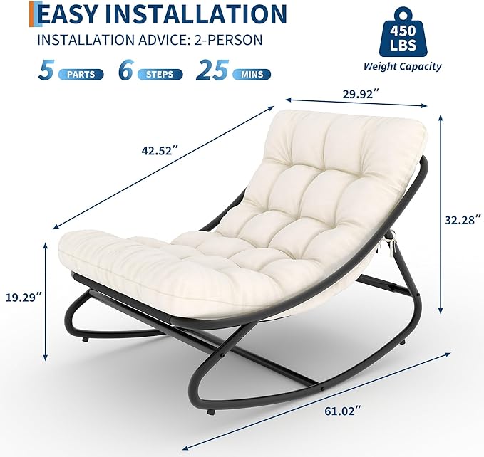 PeakPursuit Indoor Outdoor Papasan Rocking Chair with Cushion, Oversized Outdoor Rocking Chair, All Weather Rocking Papasan Chair for Bedroom/Living Room/Porch/Garden/Patio