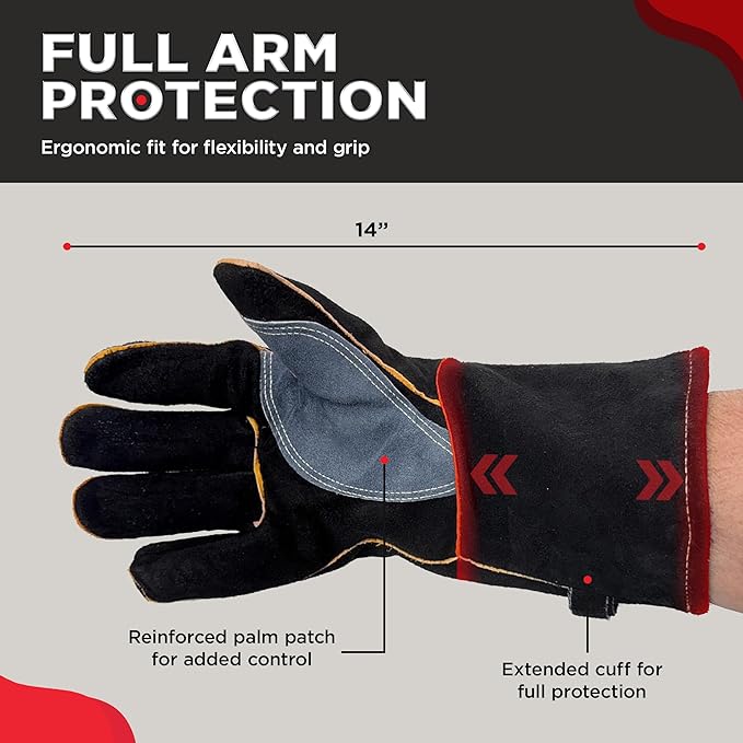 The Bincho Grill Fire Heat Resistant Gloves – 14 Inch 932°F Fireproof Leather Fireplace & BBQ Gloves for Grill, Oven, Wood Stove, Campfire, Welding (MIG/TIG) - Heavy-Duty