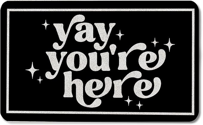 Funny Black Door Mat, Yay You're Here Doormat for Front Door Indoor Outdoor Porch Entrance Entryway, Funny Welcome Mat Outside, 17x30 Inch
