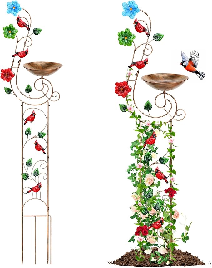 Bird Baths with Trellis for Climbing Plants Outdoor, Small Garden Plant Trellis, Metal Birdbath Birdfeeder Bird Water Feeder with Iron Bowl, Antique Plant Support Structures (Redbird)