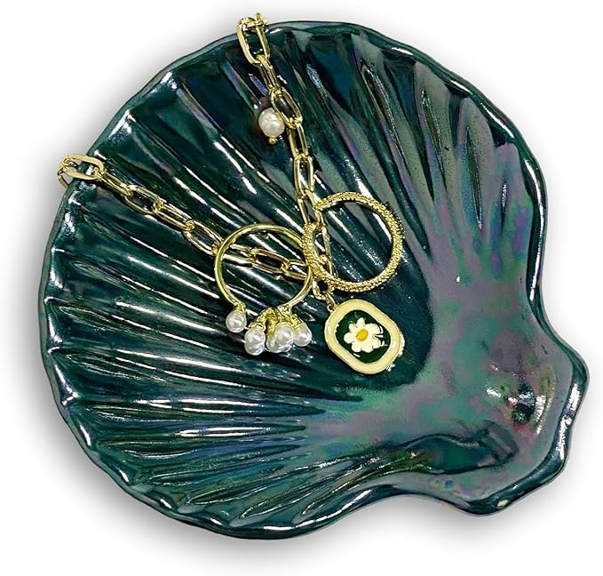 Seashell Trinket Tray, Ceramic Ring Holder Dish for Earrings Necklace, Shell Jewelry Dish Tray, Ocean Room Decor, Birthday Mother's Day Christmas Gift for Women, 3.9", Deep Teal Iridescent Surface