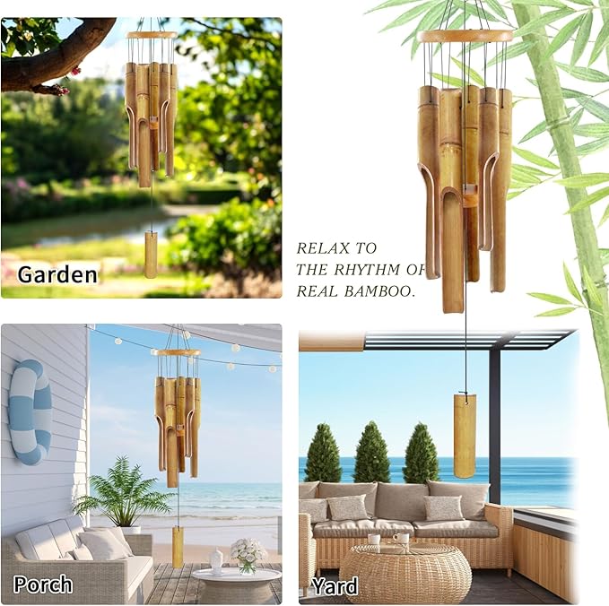 Bamboo Wind Chimes for Outside,Wooden Wind Chimes with Melody Soothing Tone,32" Classic Zen Bamboo Windchime for Porch Patio Garden or Indoor (FSC Certified)