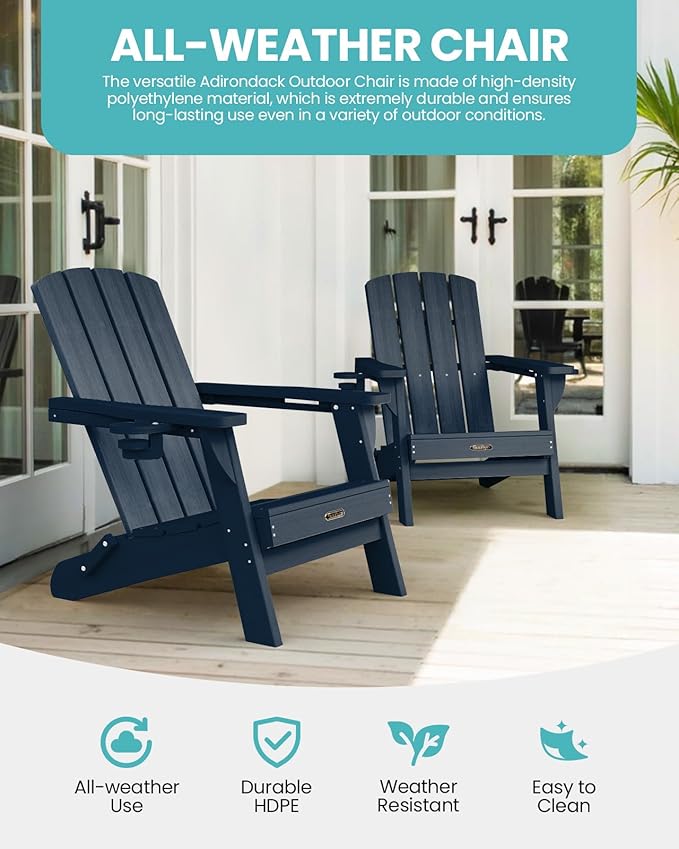Folding Adirondack Chair 6 Pack, HDPE All-Weather Fire Pit Chairs, Plastic Adirondack Chairs with 2 Cup Holder, Outdoor Lawn Chair for Patio Garden (Navy Blue)