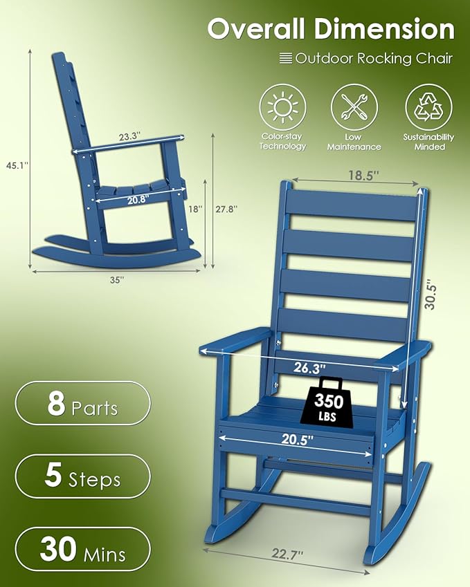 GREENVINES Outdoor-Rocking-Chair | HDPE Plastic | Patio Rockers | Porch Rocker Chairs | Shaker | Oversized | High Ladder Back | Big & Tall | PentaLuxe | Blue