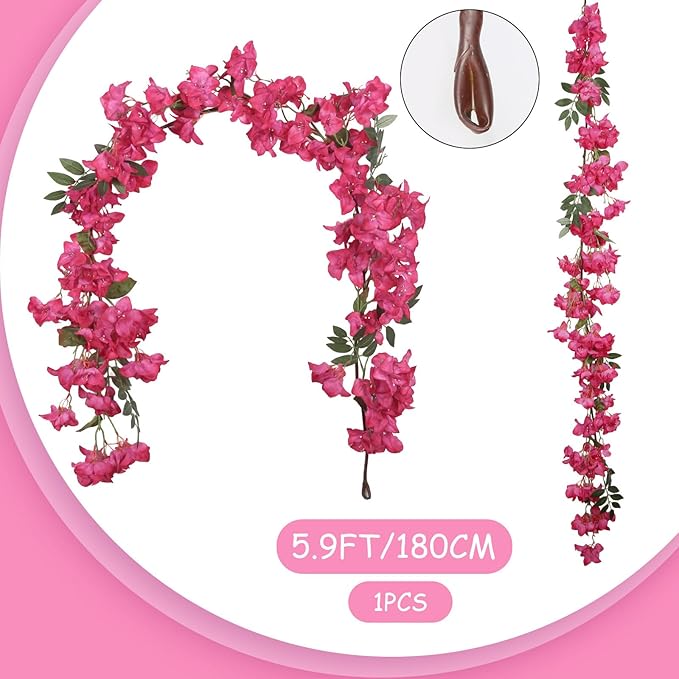Fuchsia Bougainvillela Artificial Flower Garland 5.9FT Lush Bougainvillea Hot Pink Artificial Vine Flowers for Centerpieces Table Runner Wedding Arch Porches Patios Garden Decor (Hot Pink)