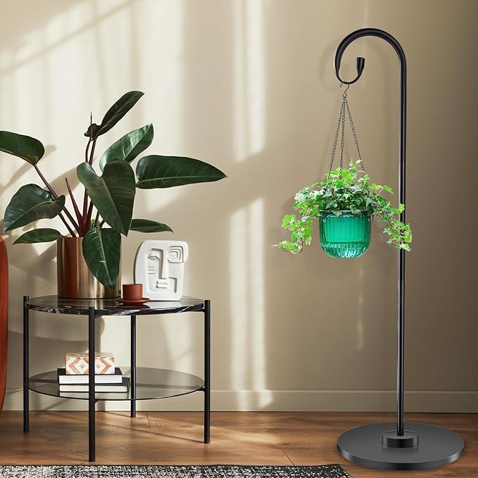 34-63" Adjustable Shepherd Hook Stand with Round Base Stand for Bird Feeders, Lanterns, Wind Chimes, Indoor and Outdoor Use on Patio, Yard or Porch