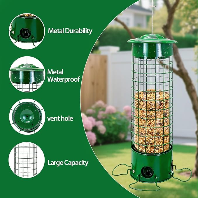 Squirrel-Proof Outdoor Bird Feeder Weight-Activated Squirrel-Proof Bird Feeder 33.5 inches Tall Wide-Mouth Design Green (Green)