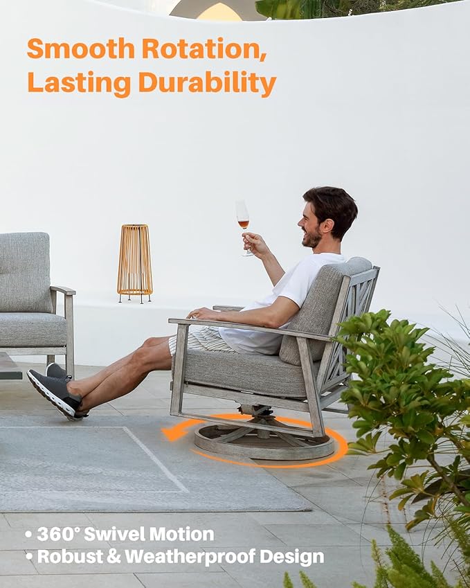 Outdoor Swivel Patio Chairs Set of 2, Outdoor Aluminum Swivel Armchair Conversation Set with Cushion, 2 Pieces All Weather Patio Furniture Sofa Chairs Set for Garden, Poolside, Lawn, White Oak
