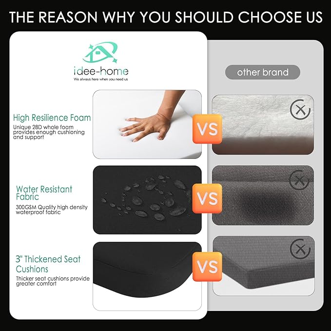 idee-home Outdoor Chair Cushions Set of 4, 17" x 17" x 3" Thick D-Shaped Patio Furniture Outdoor Seat Cushions Waterproof with Ties, Dining Pads