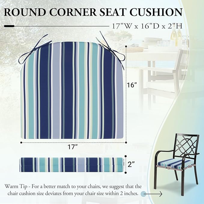 Wellsin Outdoor Chair Cushions for Patio Furniture - Patio Chair Cushions Set of 4 - Water Resistant Round Corner Outdoor Seat Cushions 17"X16"X2", Stripe 02