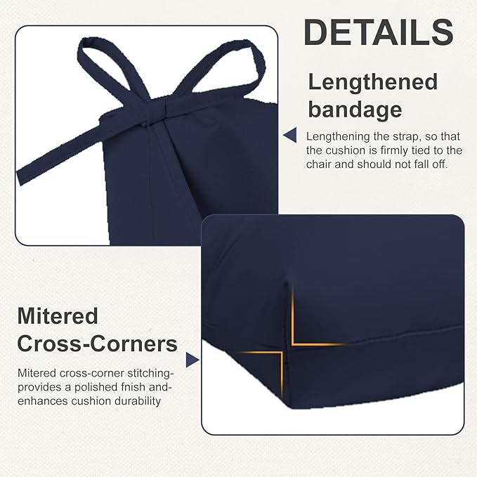 Outdoor High Back Chair Cushions 2-Pack, 44"x22"x 4" Fade-Resistant Waterproof Tufted Pads with Ties for Patio Rocking & Adirondack Chairs (Navy Blue)