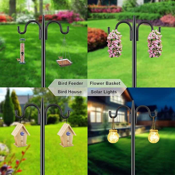 Gtongoko Double Shepherds Hook 92 Inch Bird Feeder Pole 1 Pack 3/4 Inch Thick Heavy Duty Garden Hooks for Outdoor Hanging Hummingbird Feeder, Plant Baskets, Solar Light Lanterns, String Light