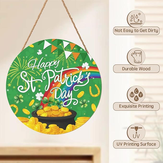 St. Patrick's Day Door Hanger Lucky Shamrock Rainbow Door Sign for Front Door Happy St Patricks Day Wooden Hanging Decoration for Wall Porch Outdoor Holiday