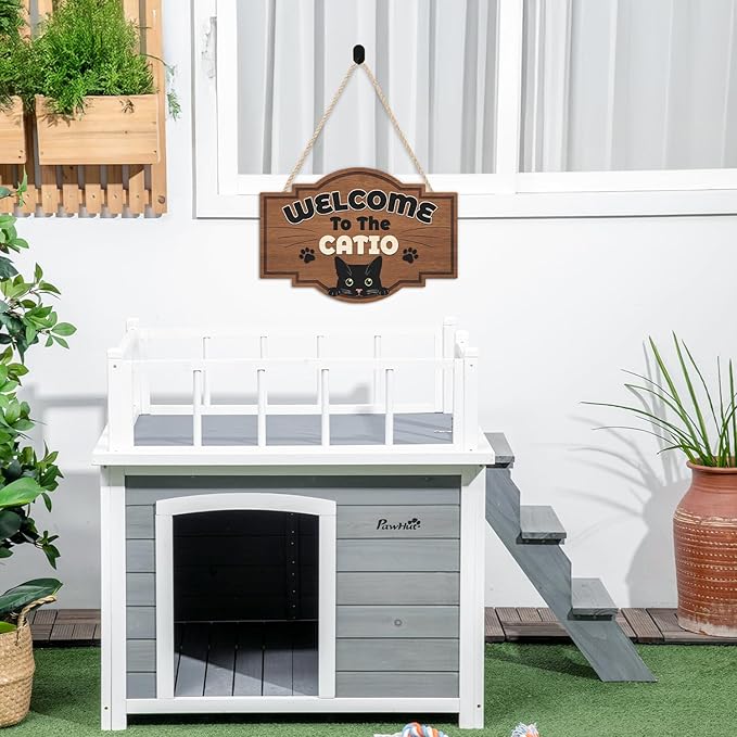 HLNIUC Welcome To The Catio Wood Sign(11”x8”) Funny Black Cats Wall Decor,Cute Black Cat Door Signs,Cats Home Porch Hanging Plaque,Animal Welcome People Tolerated Sign for cat Lover Front Door