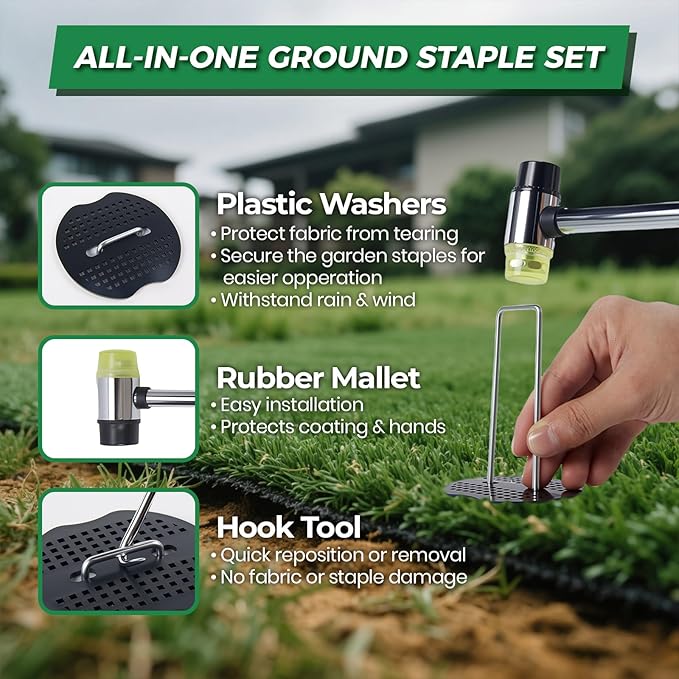 100Pcs Garden Staples +100Pcs Gasket +Pick Hook +Rubber Mallet, 6 Inch Landscape Fabric Stakes Galvanized Weed Barrier Stakes 11 Gauge Landscape Pins U Shape Lawn Staples for Yard, Turf, Sod, Weed Mat