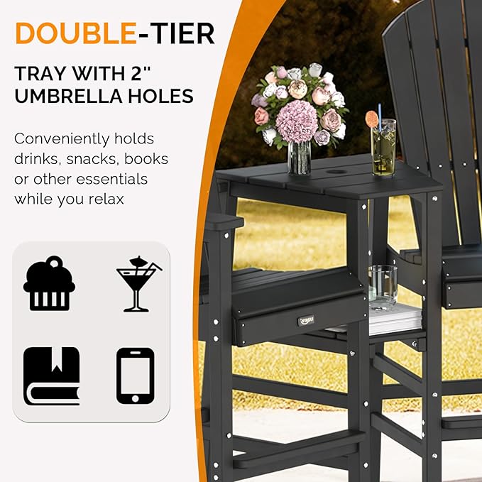 VINGLI Tall Adirondack Chairs Set of 2, All Weather HDPE Bar Height Adirondack Chair with Double Trays, Adirondack Barstools for Balcony, Poolside, Backyard and Patio (Black)