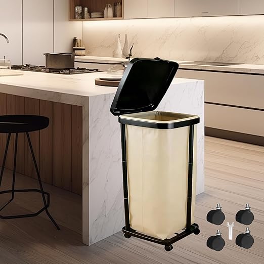 Foldable Trash Bag Holder with Cover and 4 Wheels - 3 Level Adjustable Height Plastic Trash Bag Holder,13 Gallon Trash can, for Kitchen Camping Yard RV Indoor Outdoor