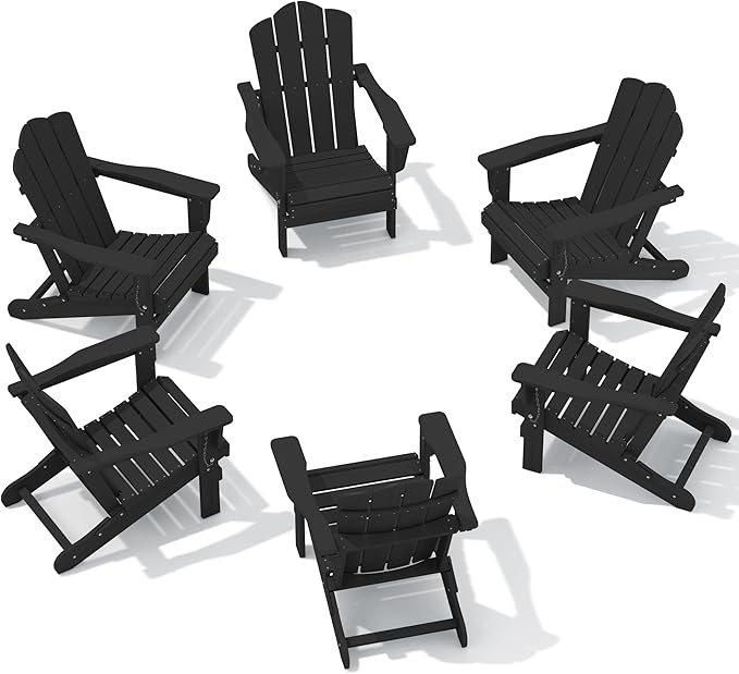 KINGYES Folding Adirondack Chair Set of 6, HDPE All-Weather Patio Chairs, Wooden Textured Lawn Chair for Poolside, Backyard, Deck, Fire Pit, Black