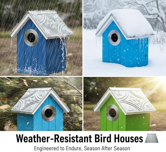 2PK Cedar Bluebird House, Wooden Bird House for Outside, 1.5" Entrance Hole Size, Stainless Steel Entrance Hole Protector, Silver Metal Roof, Colorful Garden Decorative (Green+Blue) Updated Version