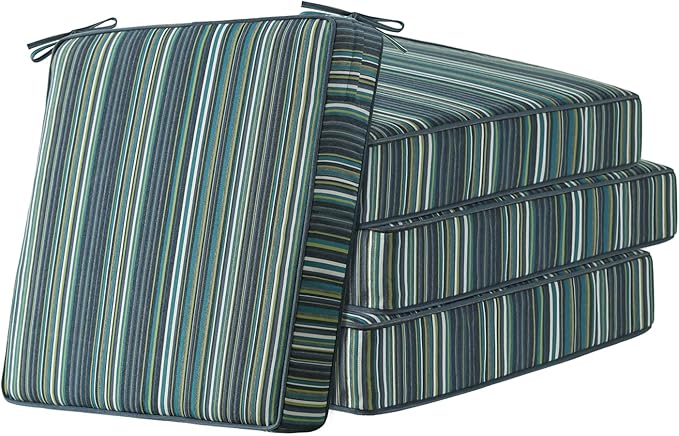 Sunbrella Square Corner Seat Cushions, 19" x 19" x 3", Set of 4, Indoor Outdoor Water Repellent Universal Chair Pads with Ties for Patio Furniture, Garden Deck Dining Chairs, Beach stripe lagoon