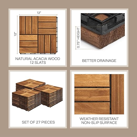 30 Pcs Deck Tiles, Patio Flooring - Outdoor Waterproof Acacia Wood Tiles for All Weather Use - Balcony, Backyard, Indoor & Outdoor (Golden Teak Crossed Pattern, 30 Square Ft)