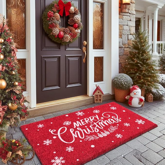 LuxUrux Merry Christmas Door Mat Outdoor 30x17 Inch - Elegant Winter Holiday Coir Doormat, Absorbent and Non-Slip for Outdoor Entrances Front Door.