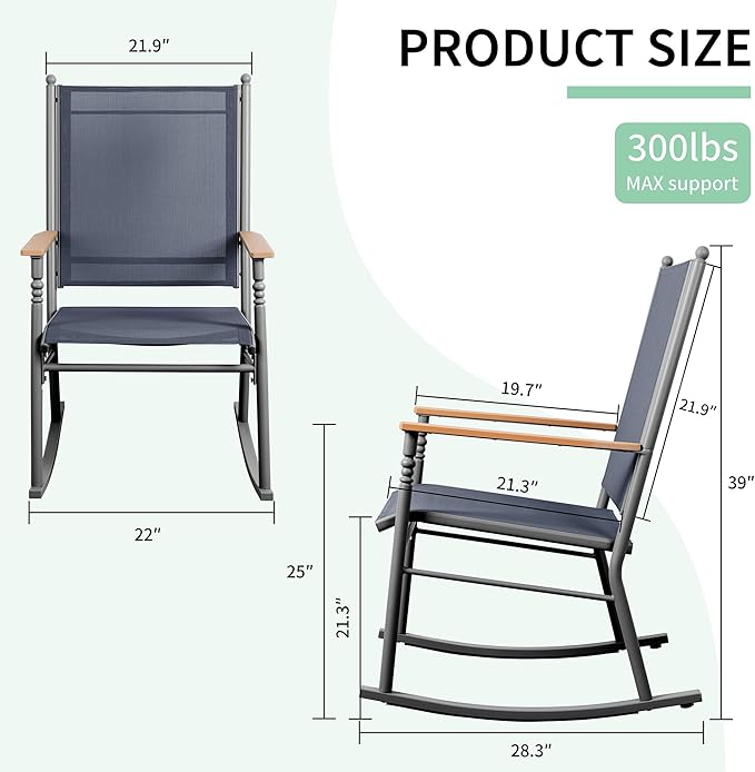 JY QAQA Outdoor Rocking Chair Set of 2, High Back All-Weather Patio Rocking Chairs with Breathable Back Rest, Ergonomic Design Porch Chairs for Porch, Garden, Balcony, Pool, Deep Gray