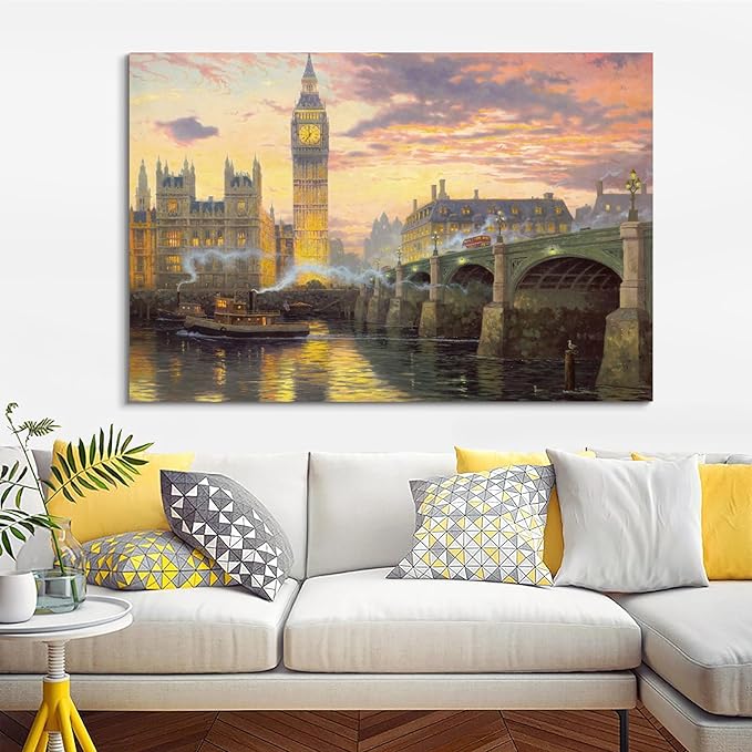 STUDIO HAVEN Thomas Kinkade Canvas Wall Art, London Skyline Big Ben River Thames Stone Bridge Sunset Glow Oil Painting Poster Iconic Cityscape Wall Decor, Framed Prints for Home Decor, 36x24Inch