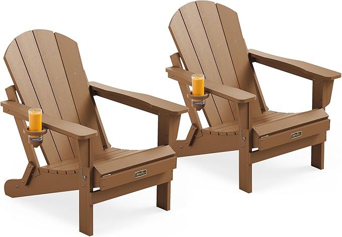 SERWALL Folding Adirondack Chair Set of 2 Outdoor Chairs Painted Adirondack Chair with Cup Holder Weather Resistant for Patio Deck Garden, Backyard Deck, Fire Pit- Brown