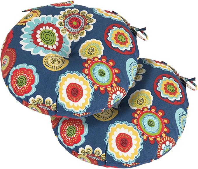 Magpie Fabrics Outdoor Round Bistro Seat Cushions with Ties, 15"x15"x4" Set of 2, Tufted Waterproof Barstool Chair Pads for Patio Home Garden Office, Floral Navy
