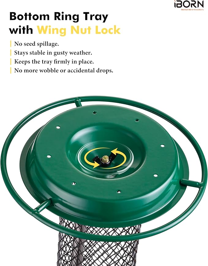 iBorn Peanut Bird Feeder,Sunflower Seed Feeder,13.5 Inch Metal Mesh Tube Bird Feeders for Outdoors Hanging,Squirrel Proof Birdfeeders for Peanut with 17cm Weatherproof Roof & Tray,2 LB Capacity,Green