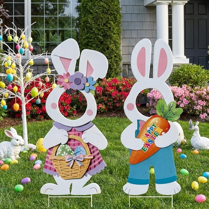 2 Pcs Happy Easter Face Yard Signs Decorations Cute Bunny Egg Yard Sign with Stake Photo Props for Spring Easter Egg Hunt Party Supplies Patio Lawn Garden Outdoor Decor