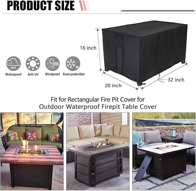 Rectangular Fire Pit Cover 32 Inch,Propane Gas Rectangle Fire Pit Table Cover,Outdoor Waterproof Firepit Table Cover - 32 X 20 X 16 Inch