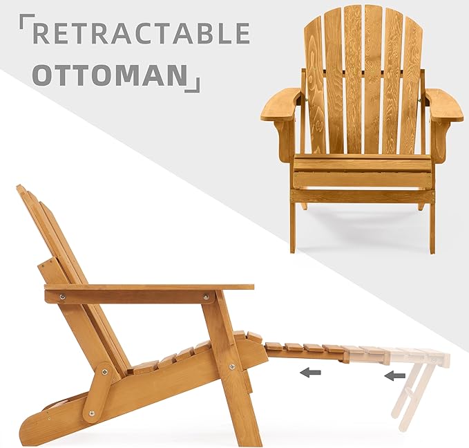 SoliWood Set of 2 Oversized Outdoor Wooden Folding Adirondack Chair with Retractable Ottoman, Wood Patio Chair with Footrest for Garden Backyard Porch Pool Deck Firepit
