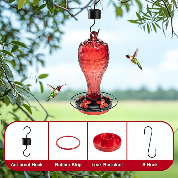 20 OZ Glass Hummingbird Feeders for Outdoors Hanging - Hand-Blown Vibrant Red Reflective Fish-Scale Design - Attracts More Hummingbirds - Leak-Proof Silicone Seal & Ant Moat - Gift for Mom