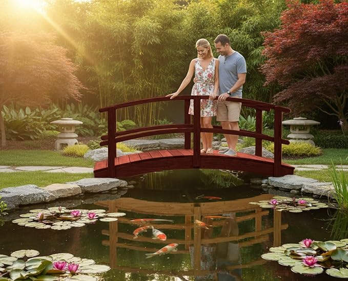 8 FT MAHOGANY Amish Made Garden Bridge with DOUBLE RAILS for Walkway, Backyard Pond & Landscaping, Outdoor Wooden Footbridge for Koi Pond, Japanese Style Decorative Bridge, Made in USA