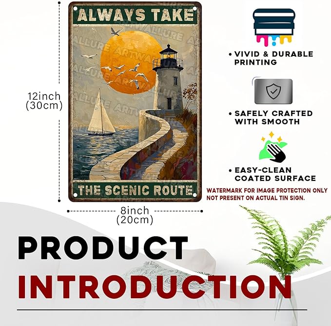 Metal Tin Sign lighthouse Vintage Sign Always Take The Scenic Wall Art for Home Office Man Cave Shed 8x12inch