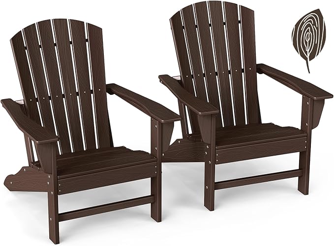 GREENVINES Adirondack Chairs Set of 2 | Wood Grain HDPE Plastic | Oversized Fire Pit Chair | All Weather | Dark Brown | Poly Lumber | for Outdoor Deck Backyard Patio Garden