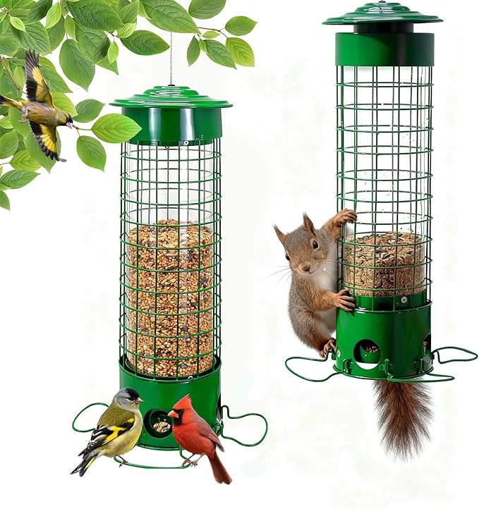 Squirrel-Proof Outdoor Bird Feeder Weight-Activated Squirrel-Proof Bird Feeder 33.5 inches Tall Wide-Mouth Design Green (Green)