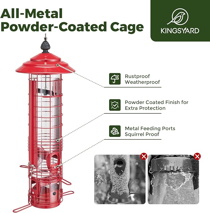 Kingsyard Squirrel Proof Bird Feeder for Outside Hanging, Weight-Activated All-Metal Wild Bird Feeders for Cardinal Finch, Detachable Base Easy to Clean, 3 LBS Capacity,Red